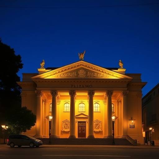 Facciata del Teatro Massimo di Palermo illuminata di sera