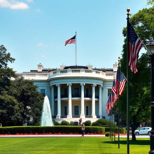 Immagine della Casa Bianca con bandiere americane, simbolo delle elezioni presidenziali negli Stati Uniti