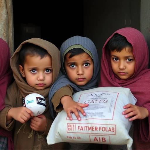 Immagine di bambini afghani che ricevono aiuti umanitari, simbolo della crisi umanitaria nel paese