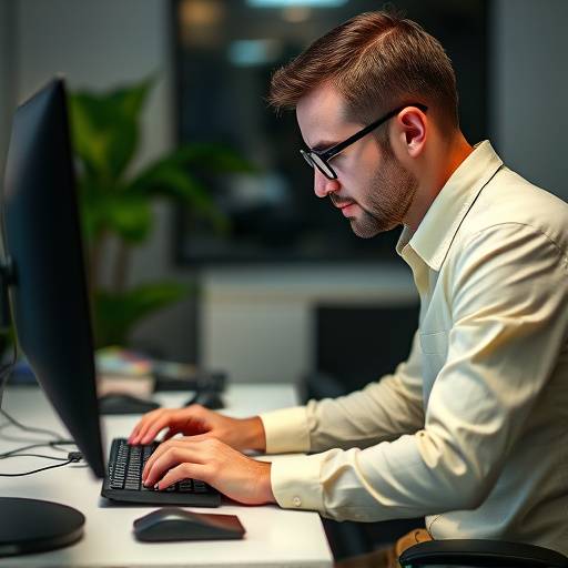 Un uomo seduto alla scrivania che usa un computer con tecnologie assistive.