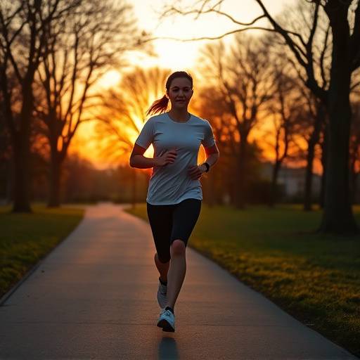 Una persona che fa jogging in un parco al tramonto, riflettendo un focus sulla salute e il benessere personale